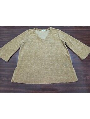 Cherish Textured Top Large Mustard Yellow 3/4 Sleeve V Neck Blouse Minimalist